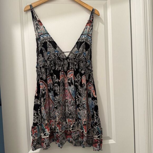 Free People Small Intimately Black Paisley Strappy V-Neck Slip Mini Dress - Picture 3 of 5